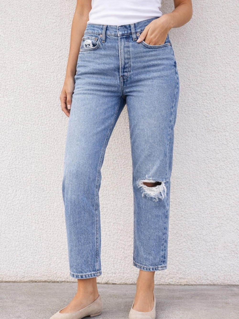 RE/DONE High Rise Distressed Jeans Size 27 Cropped 26” Inseam Vintage Wash Denim